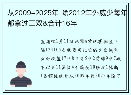 从2009-2025年 除2012年外威少每年都拿过三双&合计16年