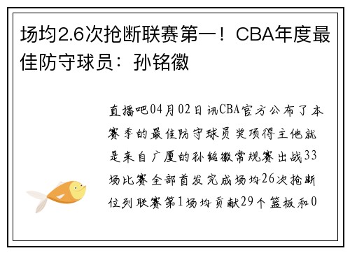 场均2.6次抢断联赛第一！CBA年度最佳防守球员：孙铭徽