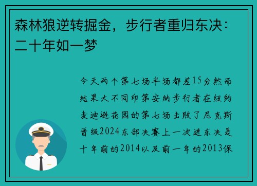 森林狼逆转掘金，步行者重归东决：二十年如一梦